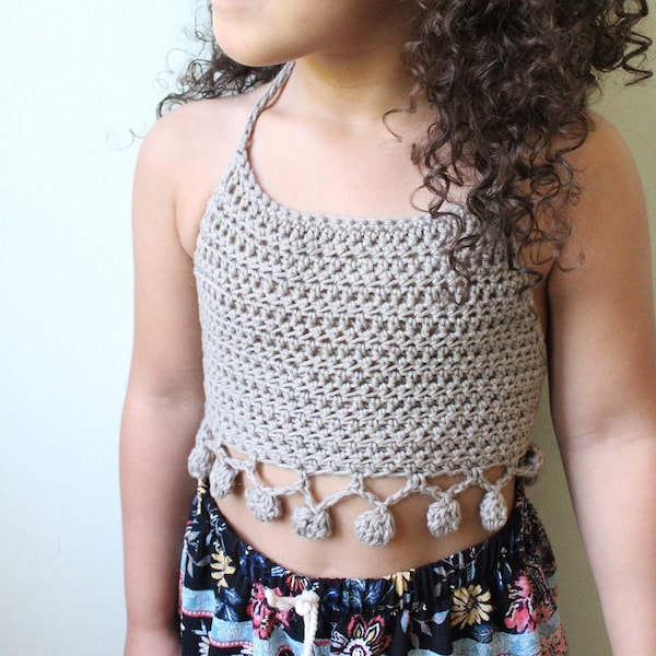 CHILDRENS PomPom Halter Top Crochet PDF Pattern DIY Child Crocheted Belly Shirt Bohemian Festival Beach Brand Repping Kids Birthday Boho