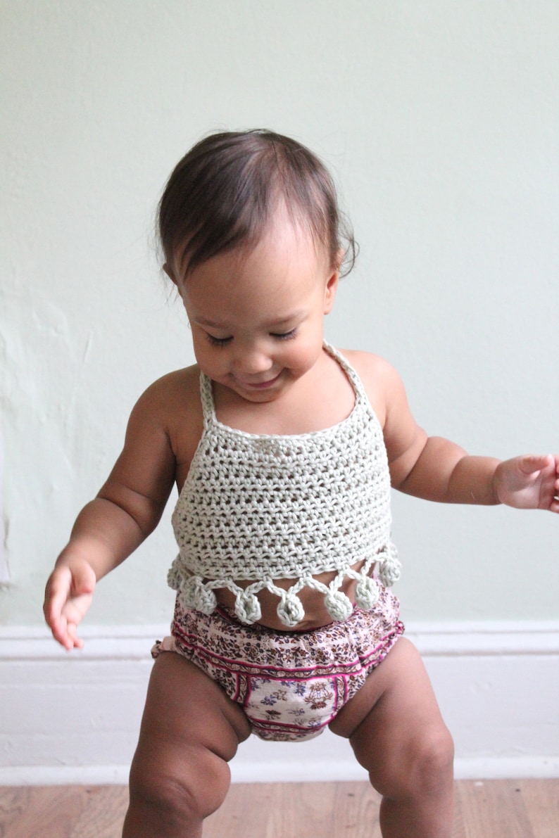 BABY PomPom Halter Top Crochet PDF Pattern DIY Crocheted Belly Shirt Bohemian Festival Beach Brand Repping Kids Birthday Boho Photoshoot image 1