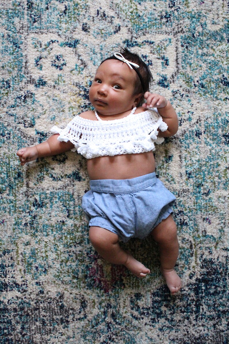 BABY PomPom Crop Top Crochet PDF Pattern DIY Infants Crocheted Belly Shirt Off the Shoulder Festival Beach Brand Repping First Birthday image 6