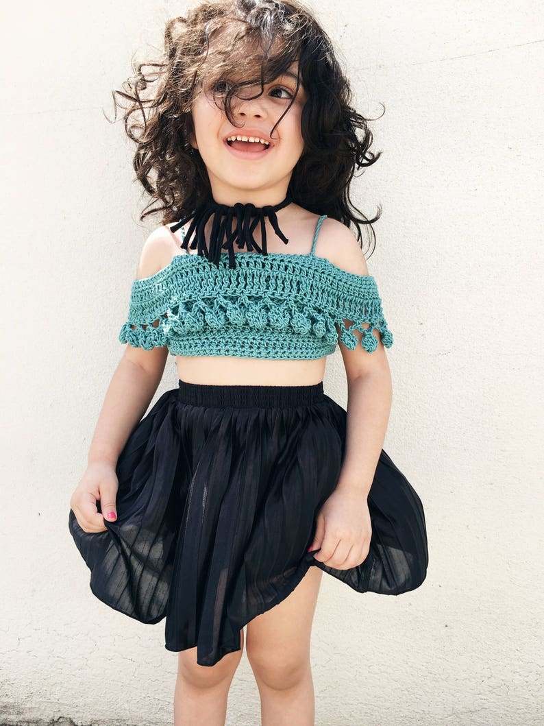 CHILDRENS PomPom Crop Top Crochet PDF Pattern DIY Child Belly Shirt Off the Shoulder Festival Beach Brand Repping Kids Birthday Boho image 5