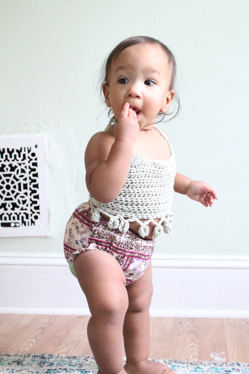 BABY PomPom Halter Top Crochet PDF Pattern DIY Crocheted Belly Shirt Bohemian Festival Beach Brand Repping Kids Birthday Boho Photoshoot image 2