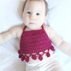 BABY PomPom Halter Top Crochet PDF Pattern DIY Crocheted Belly Shirt Bohemian Festival Beach Brand Repping Kids Birthday Boho Photoshoot image 6