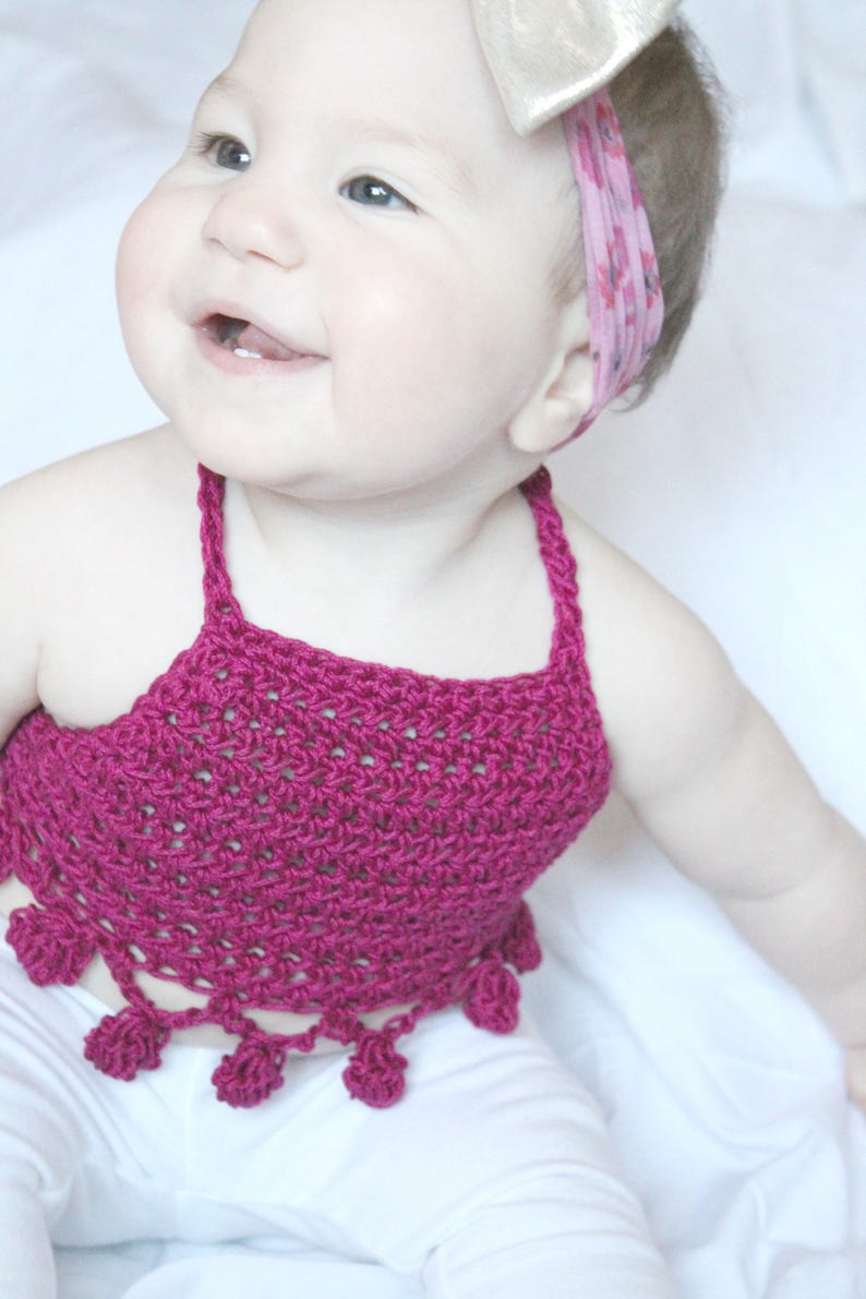 BABY PomPom Halter Top Crochet PDF Pattern DIY Crocheted Belly Shirt Bohemian Festival Beach Brand Repping Kids Birthday Boho Photoshoot image 8