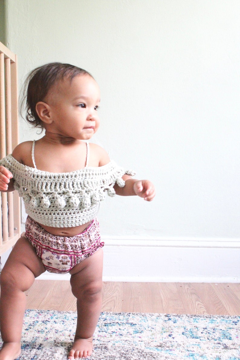 BABY PomPom Crop Top Crochet PDF Pattern DIY Infants Crocheted Belly Shirt Off the Shoulder Festival Beach Brand Repping First Birthday image 1