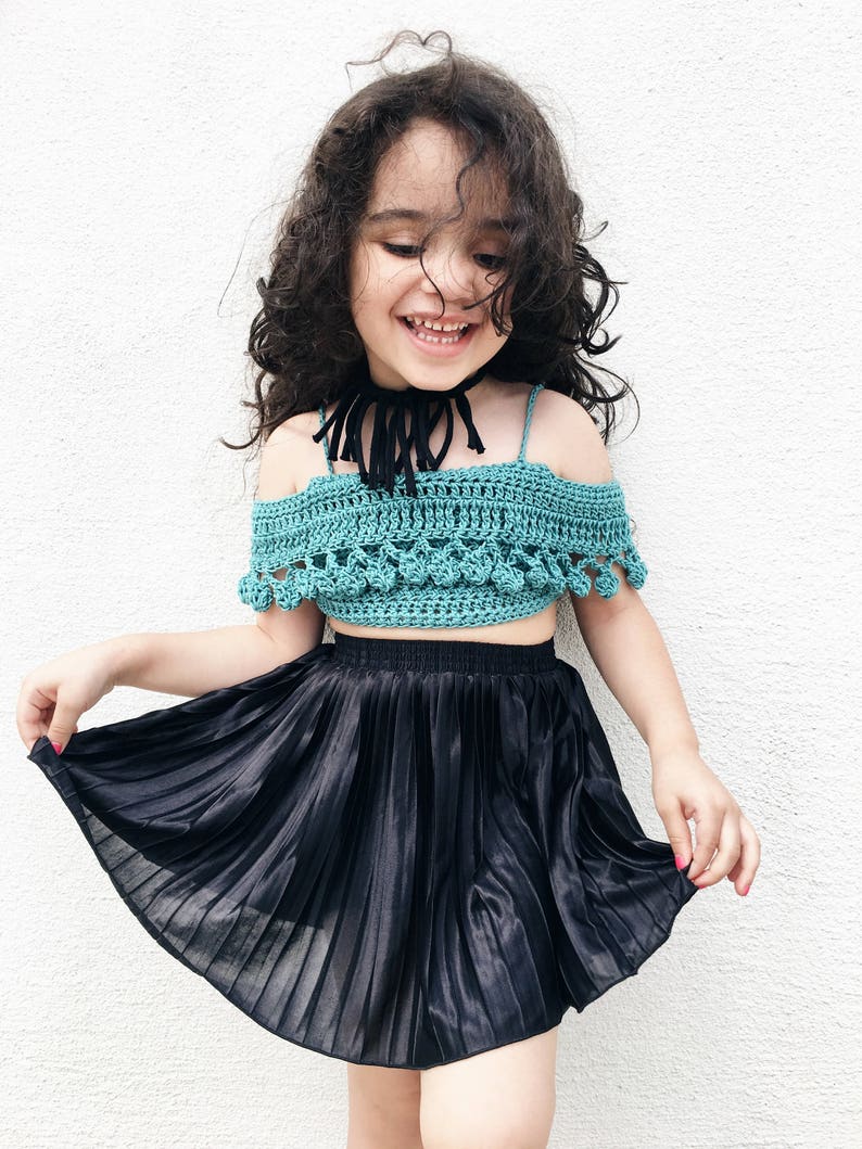 CHILDRENS PomPom Crop Top Crochet PDF Pattern DIY Child Belly Shirt Off the Shoulder Festival Beach Brand Repping Kids Birthday Boho image 1