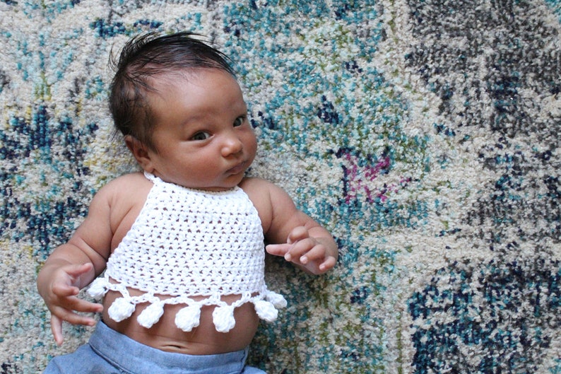 BABY PomPom Halter Top Crochet PDF Pattern DIY Crocheted Belly Shirt Bohemian Festival Beach Brand Repping Kids Birthday Boho Photoshoot image 5