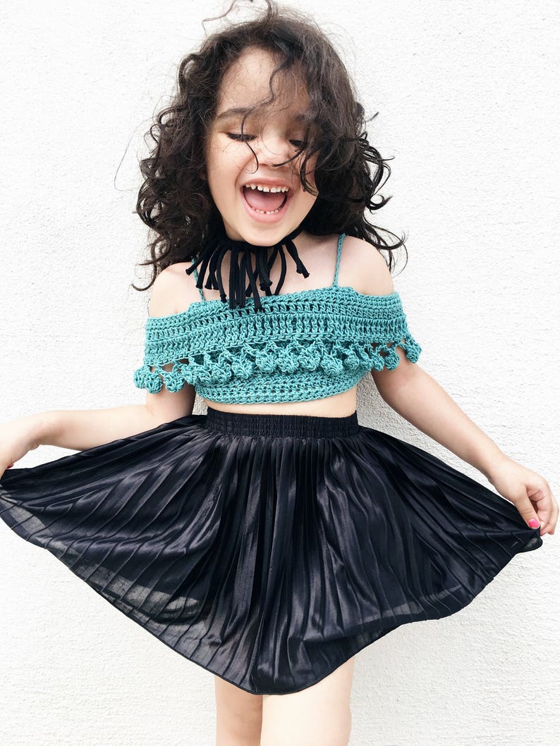 CHILDRENS PomPom Crop Top Crochet PDF Pattern DIY Child Belly Shirt Off the Shoulder Festival Beach Brand Repping Kids Birthday Boho image 4