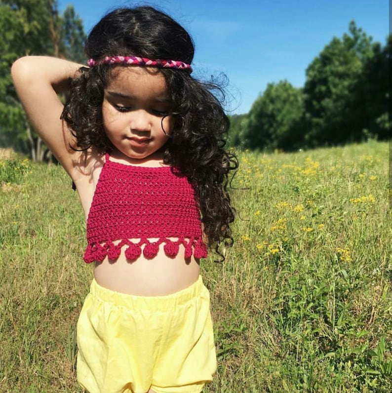 CHILDRENS PomPom Halter Top Crochet PDF Pattern DIY Child Crocheted Belly Shirt Bohemian Festival Beach Brand Repping Kids Birthday Boho image 7