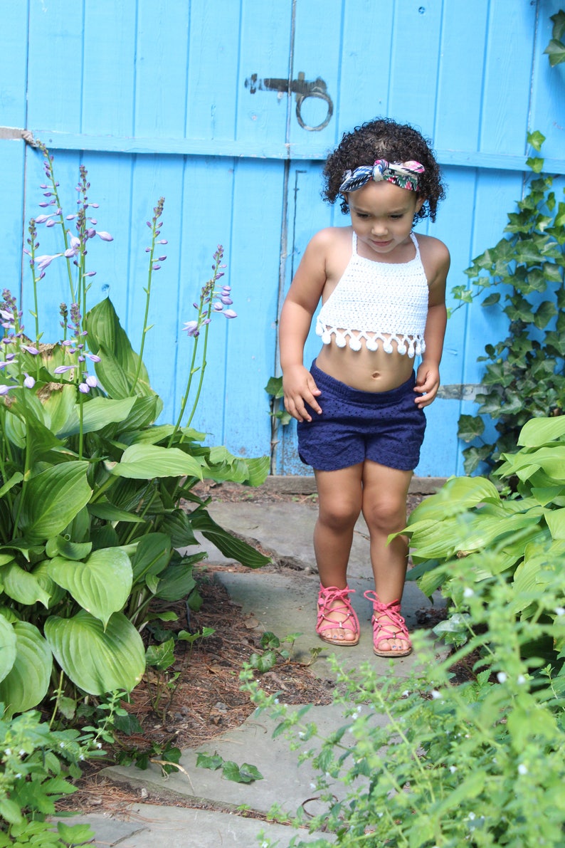 CHILDRENS PomPom Halter Top Crochet PDF Pattern DIY Child Crocheted Belly Shirt Bohemian Festival Beach Brand Repping Kids Birthday Boho image 5