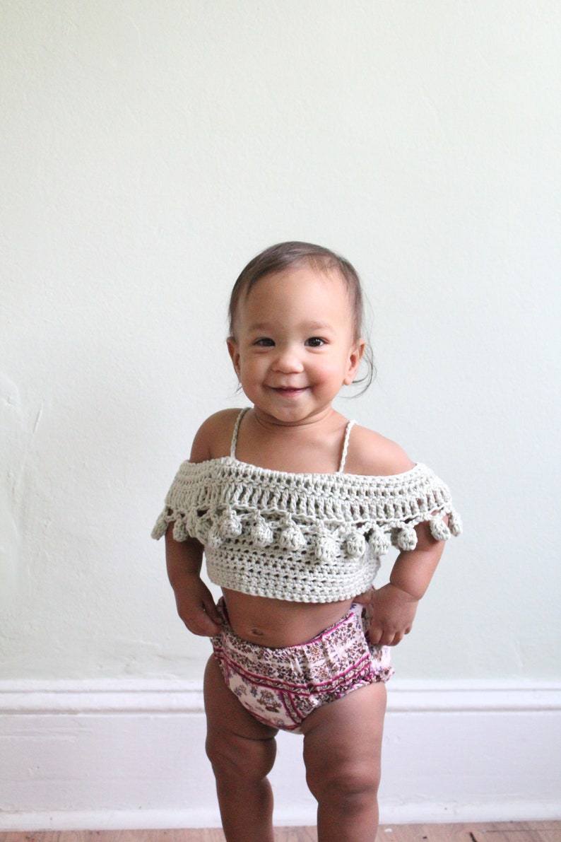 BABY PomPom Crop Top Crochet PDF Pattern DIY Infants Crocheted Belly Shirt Off the Shoulder Festival Beach Brand Repping First Birthday image 4