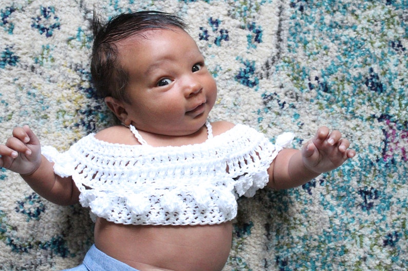 BABY PomPom Crop Top Crochet PDF Pattern DIY Infants Crocheted Belly Shirt Off the Shoulder Festival Beach Brand Repping First Birthday image 7