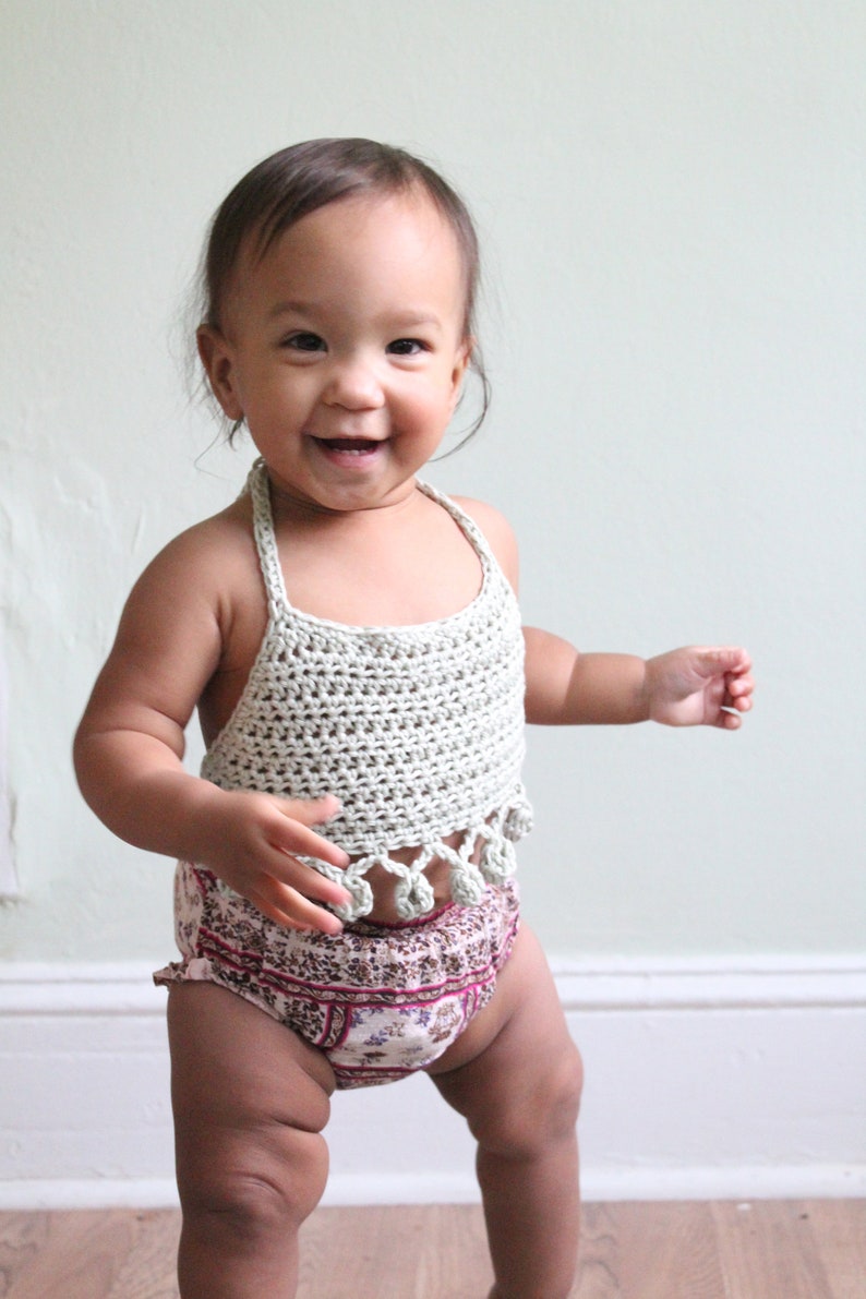 BABY PomPom Halter Top Crochet PDF Pattern DIY Crocheted Belly Shirt Bohemian Festival Beach Brand Repping Kids Birthday Boho Photoshoot image 3