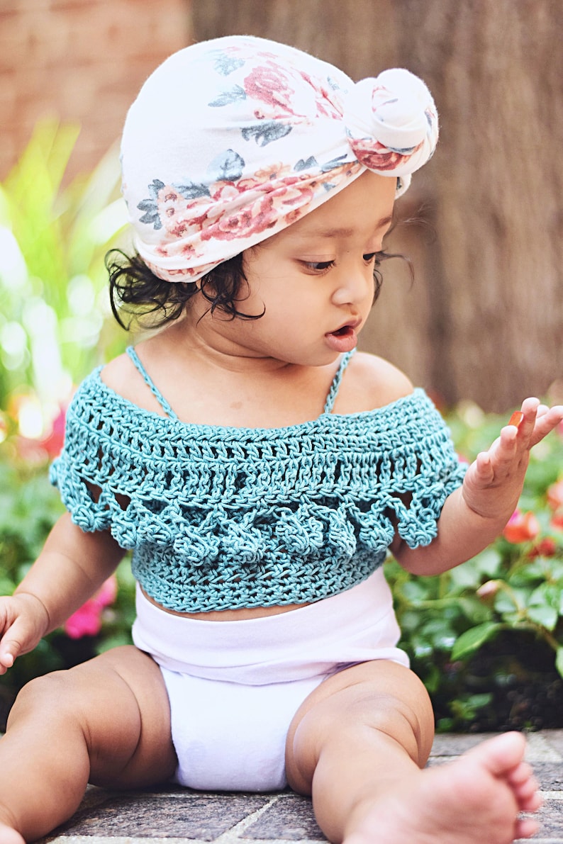 BABY PomPom Crop Top Crochet PDF Pattern DIY Infants Crocheted Belly Shirt Off the Shoulder Festival Beach Brand Repping First Birthday image 9