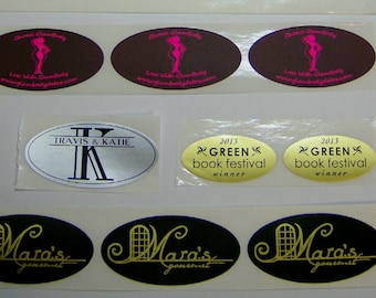 500 Printed Oval Labels, Custom 1-Color Stickers, on a roll (choose your label material & ink color)