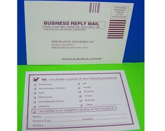 May include: A white business reply mail envelope with a purple border. The envelope has the text "BUSINESS REPLY MAIL" and "INSURANCE ADVISORS INC." printed on it. The envelope also has a check box with the text "YES, I would like a quote on the following insurance:" and a list of insurance types to choose from.