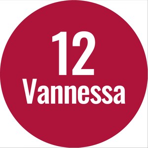 May include: A red circle with the number 12 and the name Vanessa in white text.