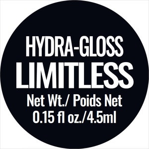 May include: Black and white circle with the text "HYDRA-GLOSS LIMITLESS" and "Net Wt./Poids Net 0.15 fl oz./4.5ml" in white.