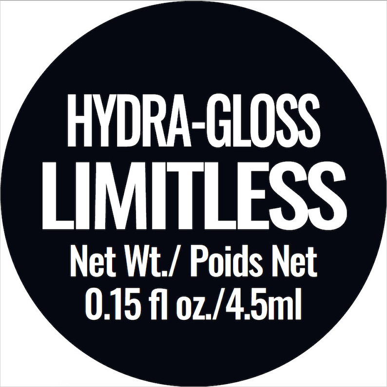 May include: Black and white circle with the text "HYDRA-GLOSS LIMITLESS" and "Net Wt./Poids Net 0.15 fl oz./4.5ml" in white.