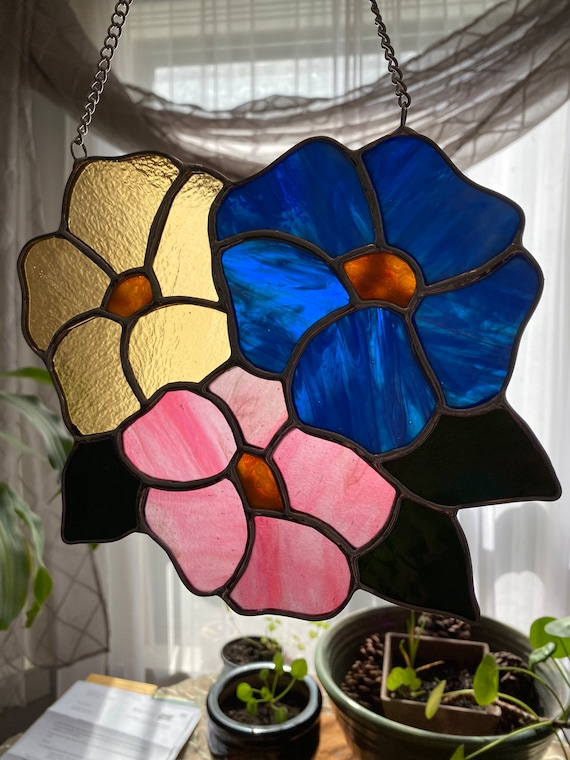 ステンドグラスの花のサンキャッチャー - 大 - Etsy 日本