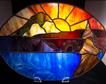 Large Mountain Landscape Stained Glass Panel