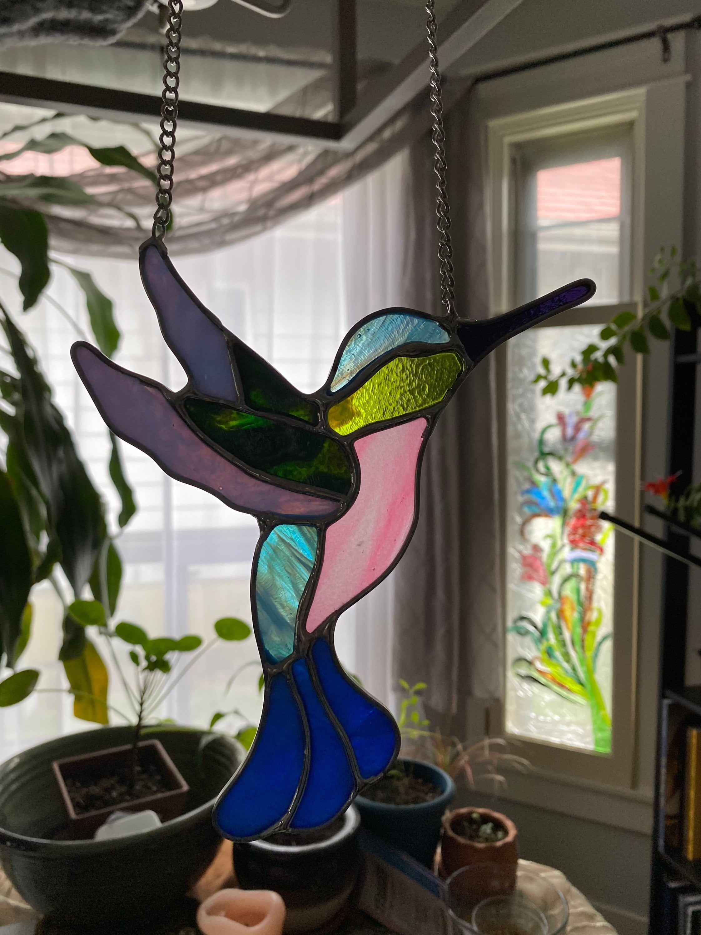 LymDin Kolibri-Sonnenfänger – Handgefertigt Aus Echtem Buntglas, 17,5x14 Cm, Fensterdekoration