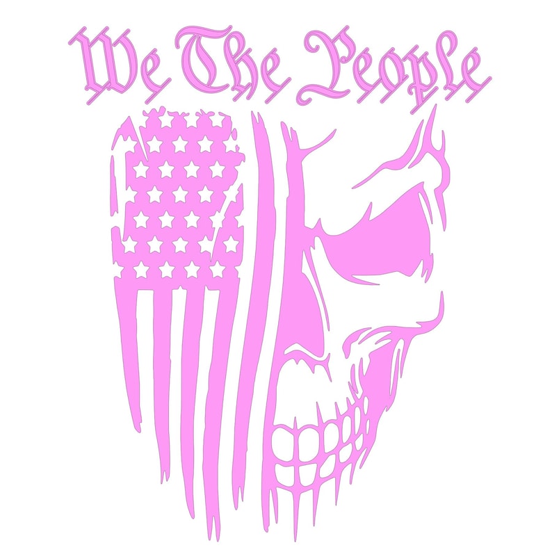 Pode incluir: Adesivo de vinil rosa de uma caveira com uma bandeira americana atr&aacute;s. O texto "We The People" est&aacute; acima da caveira.