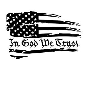 May include: Black and white distressed American flag design with the text "In God We Trust" in a gothic font. The flag features stars and stripes, with a worn, vintage aesthetic.