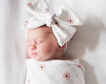 Personalized Swaddle and Large Tied Headwrap in Organic Cotton for Babies and Kids - You Choose Name Font Colors Symbols