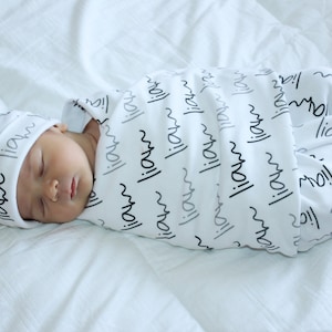 Personalized Swaddle and Top Knot Hat Set in Organic Cotton - You Choose Font Colors Symbols