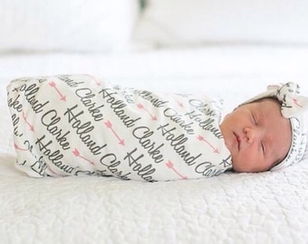 Personalized Swaddle and Top Knot Headband in Organic Cotton for Babies and Kids - You Choose Name Font Colors Symbol