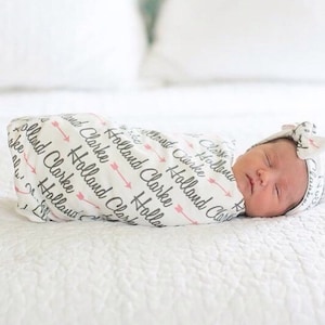 Personalized Swaddle and Top Knot Headband in Organic Cotton for Babies and Kids - You Choose Name Font Colors Symbol