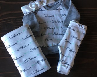 Personalized Name Bundle in Organic Cotton - Leggings, Raglan, Swaddle and Top Knot Headband - you choose print