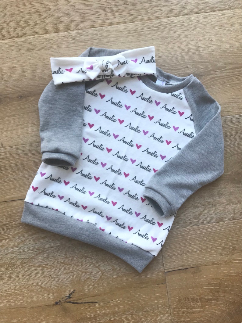 Personalized Raglan Tee with matching Headband in Organic Cotton for Babies and Kids You Choose Name Font Colors Symbols image 1