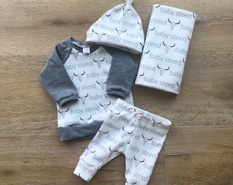 Personalized Name Bundle in Organic Cotton - Leggings, Raglan, Swaddle and Top Knot Hat - you choose print