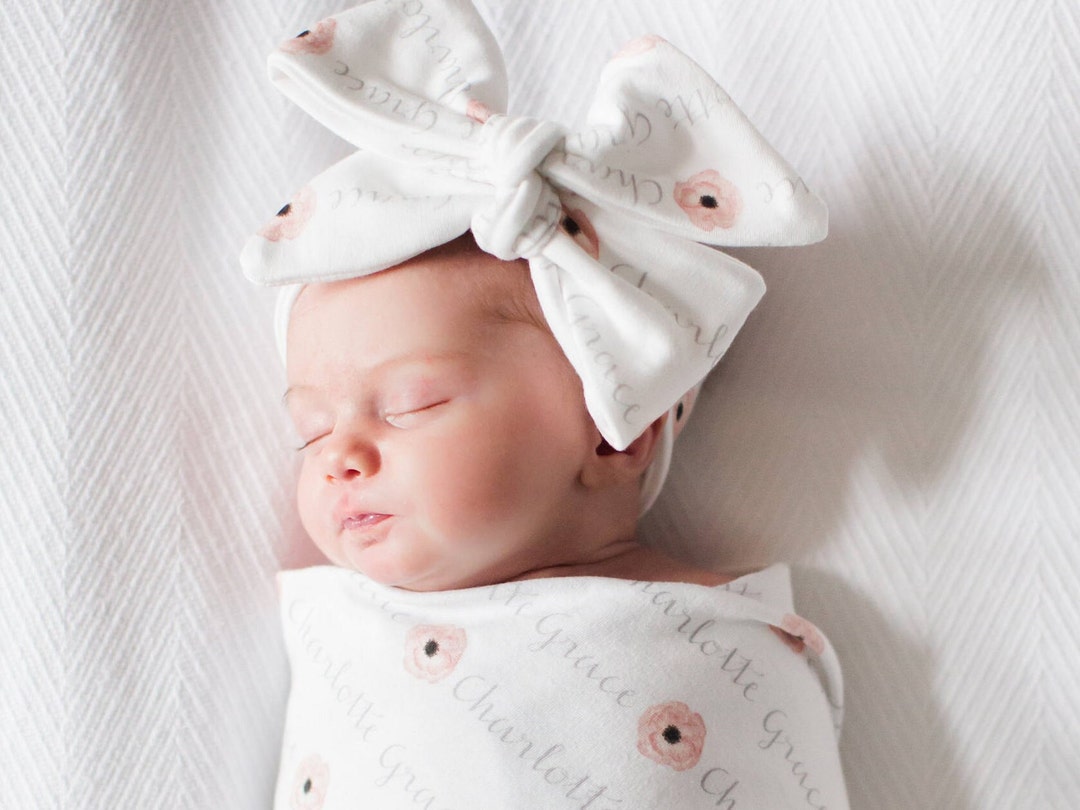 Personalized Swaddle and Large Tied Headwrap in Organic Cotton for