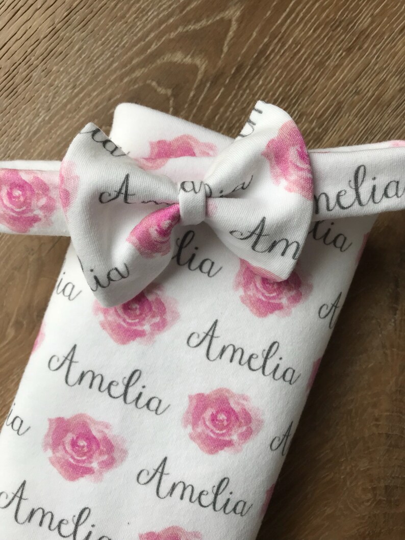 Personalized Organic Cotton Swaddle and Large Bow Headband Etsy