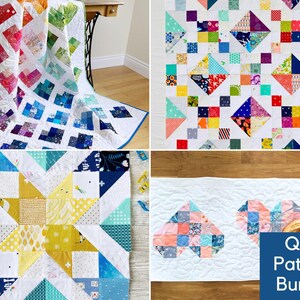 May include: A bundle of four quilt patterns featuring colorful patchwork designs. The patterns include a rainbow heart quilt, a starburst quilt, a diamond quilt, and a heart-shaped quilt. The text "Quilt Pattern Bundle" is displayed in a blue box.