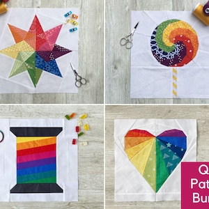Pacchetto di modelli di blocchi per trapunte arcobaleno: stella, cuore, lecca-lecca, rocchetto FPP (PDF)