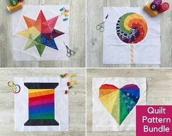 Rainbow Quilt Pattern Bundle, Modern Foundation Piecing, Beginner & Intermediate, Rainbow Star Heart Lollipop Spool, Quilt Block Bundle