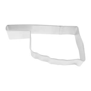 May include: A silver-colored metal cookie cutter in the shape of the state of Oklahoma. The cutter has a rectangular top section and a wavy bottom edge, with a total length of approximately 4 inches.