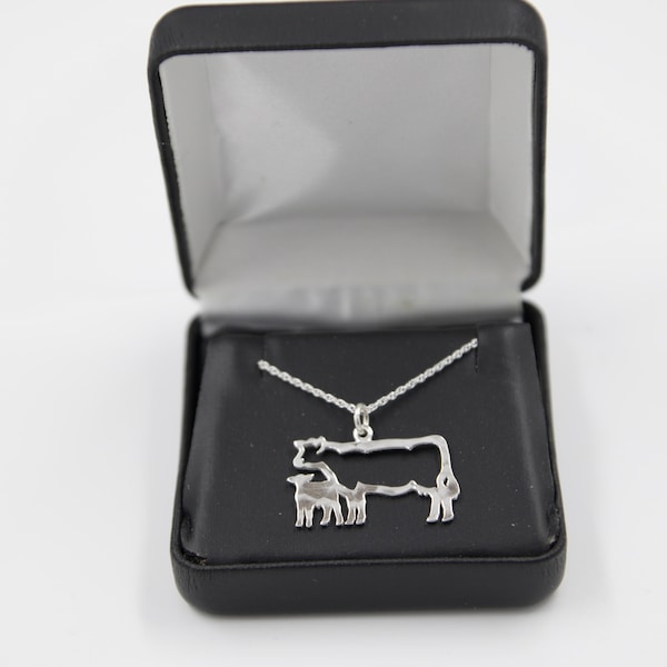 Collar de vaca y becerro de plata esterlina: incluye cadena de plata esterlina