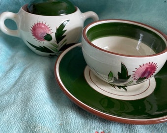 Stangl Pottery Thistle lot Of 4  " Sugar Bowl and Lid Cup and Saucer Vintage Pink Floral Collectible Read