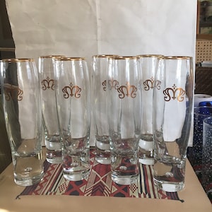 Bubble Champagne Stemless Flutes with Gold Rim and Decorative Emblem Set of 7