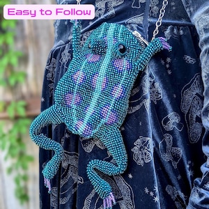 May include: A beaded frog-shaped crossbody bag in teal with purple spots, black eyes, and a silver chain strap. The text "PDF Diagrams and Instructions" and "Easy to Follow" is visible at the top of the image against a dark blue velvet dress.