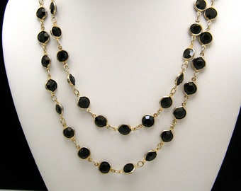 Classic Vintage 36" Flapper Length Necklace Elegant Black Bezel Set Crystals Gold Tone