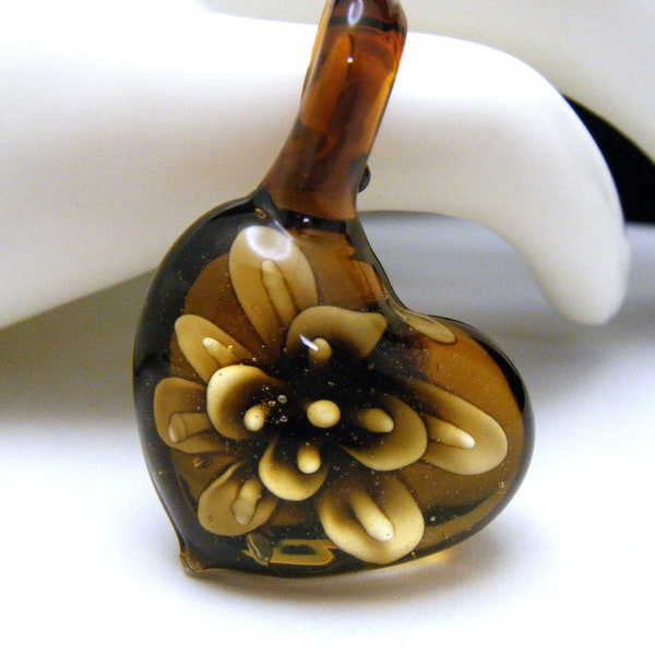 Vintage Brown Art Glass Floral Heart Pendant