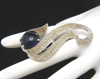 Vintage Blue Glass Cabochon Pave Set Rhinestones Brooch Silver Tone