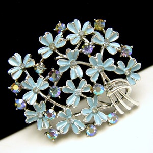 Vintage Signed Coro AB Rhinestone Blue Enamel Flower Brooch with Matching Earrings Silver Tone
