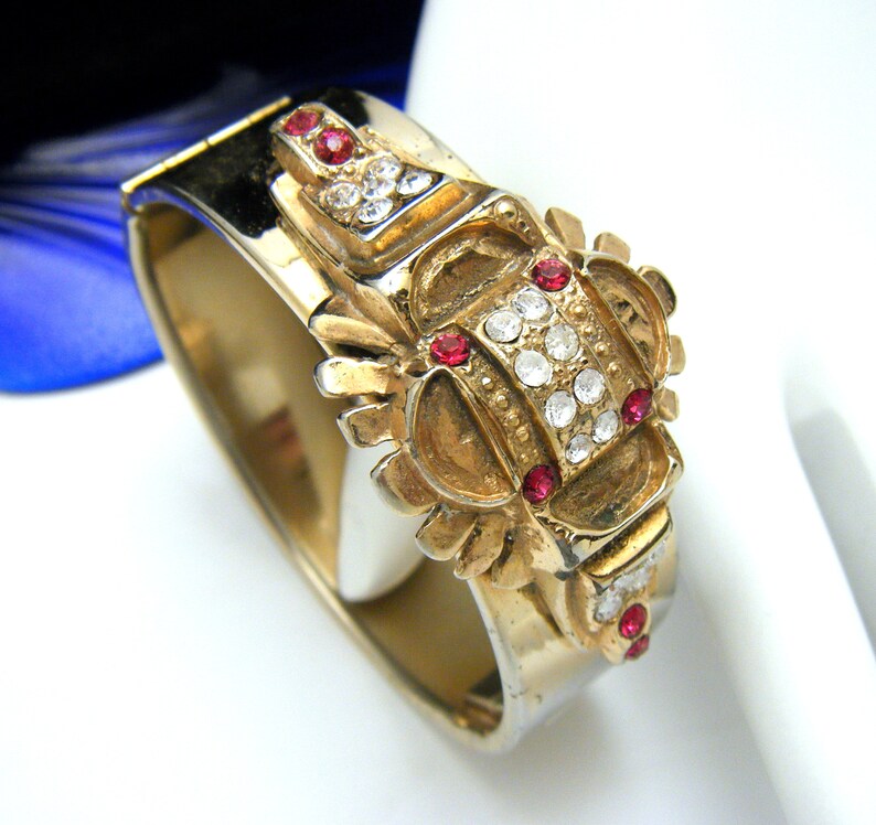 Beautiful Vintage Bracelet Victorian Revival Hinged Bangle Red Clear Rhinestones