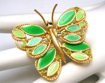 Vintage Green Enamel Butterfly Rhinestone Eye Brooch Gold Tone